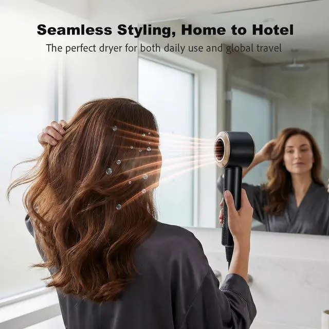 Alt view image 6 of 7 - Dual Voltage Hair Dryer for European Travel & Home Use, 110,000RPM Fast Drying Ionic Blow Dryer with Diffuser, Lightweight/Quiet/Portable Hairdryer with 4 Temps, 3 Speeds & Cool Shot Black