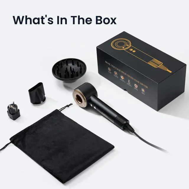 Alt view image 7 of 7 - Dual Voltage Hair Dryer for European Travel & Home Use, 110,000RPM Fast Drying Ionic Blow Dryer with Diffuser, Lightweight/Quiet/Portable Hairdryer with 4 Temps, 3 Speeds & Cool Shot Black