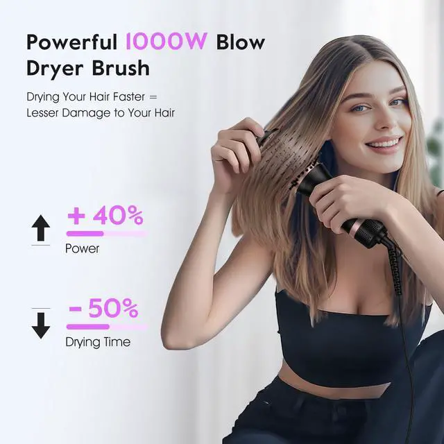 Alt view image 2 of 7 - Mini Travel Dual Voltage Hair Dryer Brush,1000 Watts Hot Air Brush with European Plug, Ionic Hair Dryer and Styler for Women, Oval Barrel 2 Heat & 2 Speed Settings for International Travel