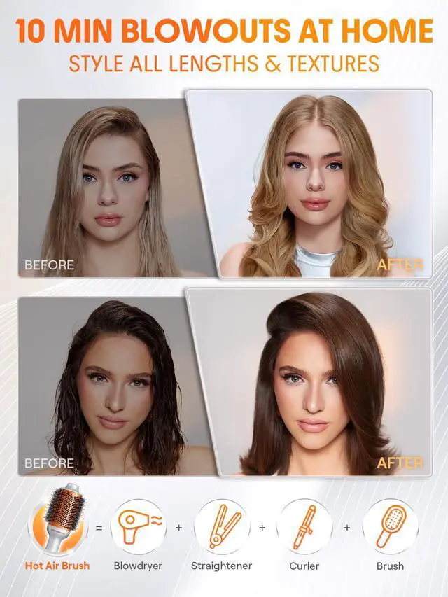 Alt view image 2 of 7 - 4-in-1 Hot Air Brush - Hair Dryer & Styler with 33000 RPM Motor, GLOSS PRO Coating for Shine, 3 Heat Settings, Tangle-Free Ionic Bristles for Frizz-Free Blowouts (US Plug)