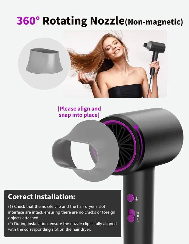 Alt view image 6 of 7 - Hair Dryer, 3 Min Fast Drying-110000 RPM Professional High Speed Blow Dryer 200 Millions Negative Ionic Care Hair Dryer, Low Noise Thermo-Control Hairdryer, Travel with Secure Lock Nozzle (Black)
