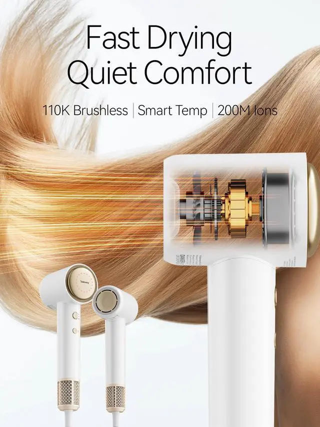 Alt view image 2 of 7 - Hair Dryer, Blow Dryer with Diffuser, Ionic Professional High-Speed 1500W Low-Noise, 110,000 RPM Brushless Motor, Fast Drying, Travel Compact for Women & Men (Gold)