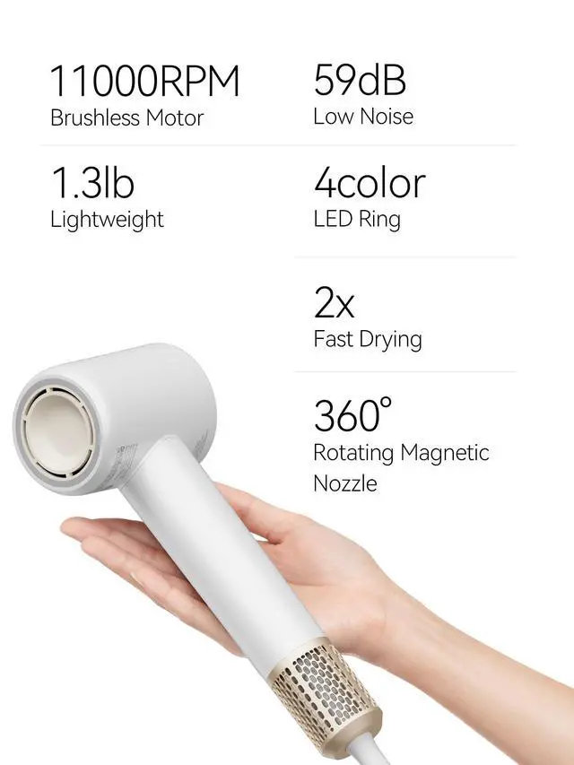 Alt view image 7 of 7 - Hair Dryer, Blow Dryer with Diffuser, Ionic Professional High-Speed 1500W Low-Noise, 110,000 RPM Brushless Motor, Fast Drying, Travel Compact for Women & Men (Gold)