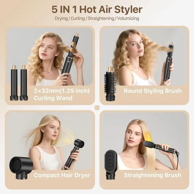 Alt view image 2 of 7 - Hot Air Styler Brush Set for Women 5 in 1, 800W 3 Level Temp Hairdryer Comb for Rotating Curling Straightening Volumize Auto Wrap Curler Multi-Styler Hair Styling Tools for Multi Hair Home