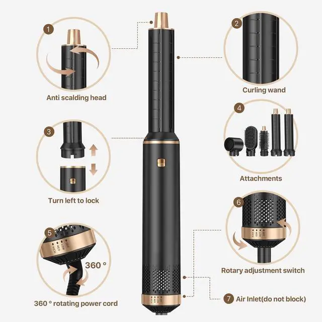 Alt view image 6 of 7 - Hot Air Styler Brush Set for Women 5 in 1, 800W 3 Level Temp Hairdryer Comb for Rotating Curling Straightening Volumize Auto Wrap Curler Multi-Styler Hair Styling Tools for Multi Hair Home