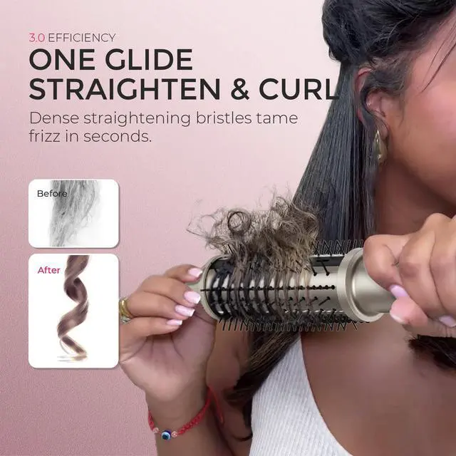 Alt view image 3 of 7 - STYLUX PRO Thermal Brush Curling Brush, 1.5 Inch Blowout Heated Round Volumizer, Hair Straightener and Curler 2 in 1, 800M Negative Ion for Smoother, LCD Display, 5 Temp, Dual Voltage, Gold