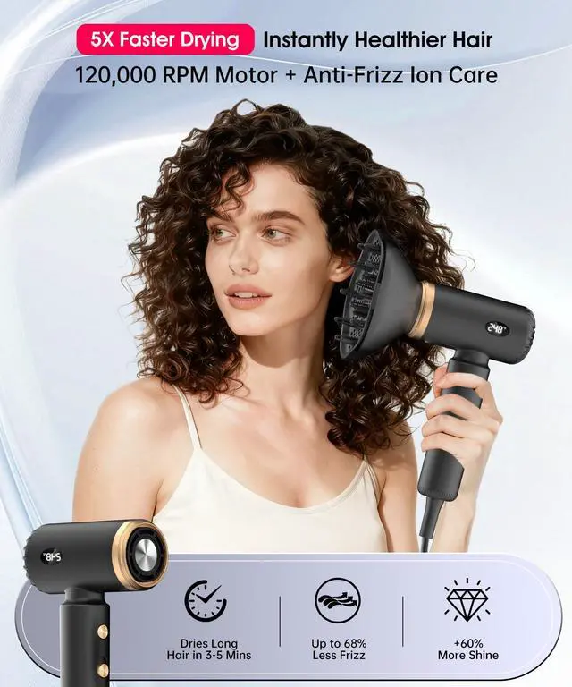 Alt view image 3 of 7 - Travel Hair Dryer, Dual Voltage Mini Ionic Blow Dryer for Fast Drying, Compact Lightweight Hair Dryer with Magnetic Diffuser for Home & Travel, Portable Hairdryer International 110-240V (Black)