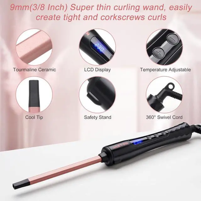 Alt view image 5 of 6 - Small Curling Iron 3/8 Inch, 9mm Thin Hair Curling Wand for Short and Long Hair, Professional Ceramic Hair Curler Wand, Include Heat Resistant Glove