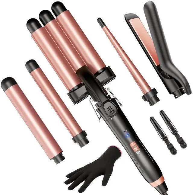 Main image of 5 in 1 Wand Curling Iron-Kinked Curling Wand Set with Flat Iron Hair Straightener, 3 Barrels Hair Crimper, 3 Ceramic Curling Irons (0.35"-1.25"), 2 Temps Fast Heat Hair Waver Curler with Glove & Clip