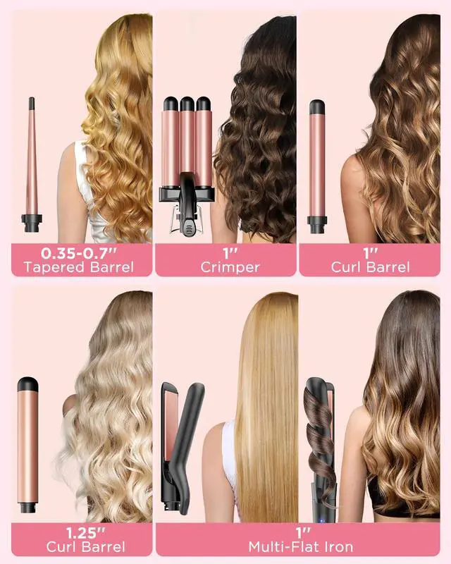 Alt view image 3 of 7 - 5 in 1 Wand Curling Iron-Kinked Curling Wand Set with Flat Iron Hair Straightener, 3 Barrels Hair Crimper, 3 Ceramic Curling Irons (0.35"-1.25"), 2 Temps Fast Heat Hair Waver Curler with Glove & Clip