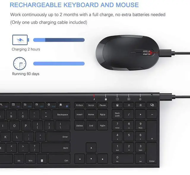 Alt view image 3 of 7 - Wireless Keyboard and Mouse, 2.4GHz Rechargeable Compact Quiet Full-Size Keyboard and Mouse Combo with Nano USB Receiver for Windows, Laptop, PC, Notebook-Black