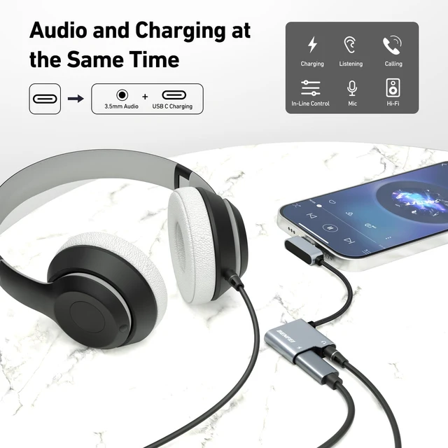 Alt view image 2 of 7 - USB C to Audio Jack Adapter with 60W Fast Charging, USB-C to 3.5mm Female Headphone Compatible with iPhone 15 Pro Max/15 Pro/15, Samsung Galaxy S24/S23/S22/S21 Ultra, iPad Pro, Pixel 8 Grey