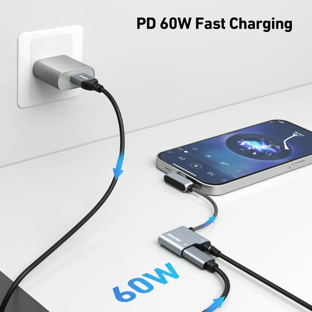 Alt view image 4 of 7 - USB C to Audio Jack Adapter with 60W Fast Charging, USB-C to 3.5mm Female Headphone Compatible with iPhone 15 Pro Max/15 Pro/15, Samsung Galaxy S24/S23/S22/S21 Ultra, iPad Pro, Pixel 8 Grey