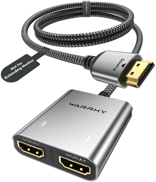 Main image of HDMI Splitter 1 in 2 Out 4K, Mirror Only, USB-C Powered, Metal 4K HDMI Splitter 1 in 2 Out for Dual Monitors, USB-C Powered, Metal Shell, Built-in 3.3ft Cable, Mirror Only