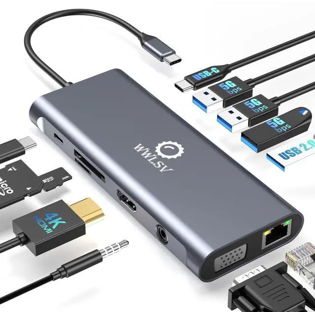 Main image of 12-in-1 USB C Hub Laptop Docking Station, Dual Monitor Display HDMI 4K@60Hz (Single Display), VGA 1080p (Shared Bandwidth), 100W PD, Ethernet, USB 3.0, SD, Audio, for MacBook, Dell, HP, Lenovo