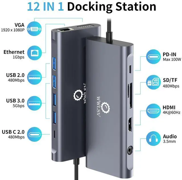 Alt view image 2 of 7 - 12-in-1 USB C Hub Laptop Docking Station, Dual Monitor Display HDMI 4K@60Hz (Single Display), VGA 1080p (Shared Bandwidth), 100W PD, Ethernet, USB 3.0, SD, Audio, for MacBook, Dell, HP, Lenovo
