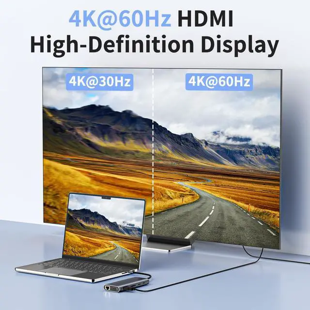 Alt view image 4 of 7 - 12-in-1 USB C Hub Laptop Docking Station, Dual Monitor Display HDMI 4K@60Hz (Single Display), VGA 1080p (Shared Bandwidth), 100W PD, Ethernet, USB 3.0, SD, Audio, for MacBook, Dell, HP, Lenovo