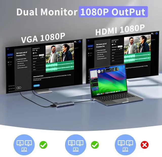 Alt view image 5 of 7 - 12-in-1 USB C Hub Laptop Docking Station, Dual Monitor Display HDMI 4K@60Hz (Single Display), VGA 1080p (Shared Bandwidth), 100W PD, Ethernet, USB 3.0, SD, Audio, for MacBook, Dell, HP, Lenovo