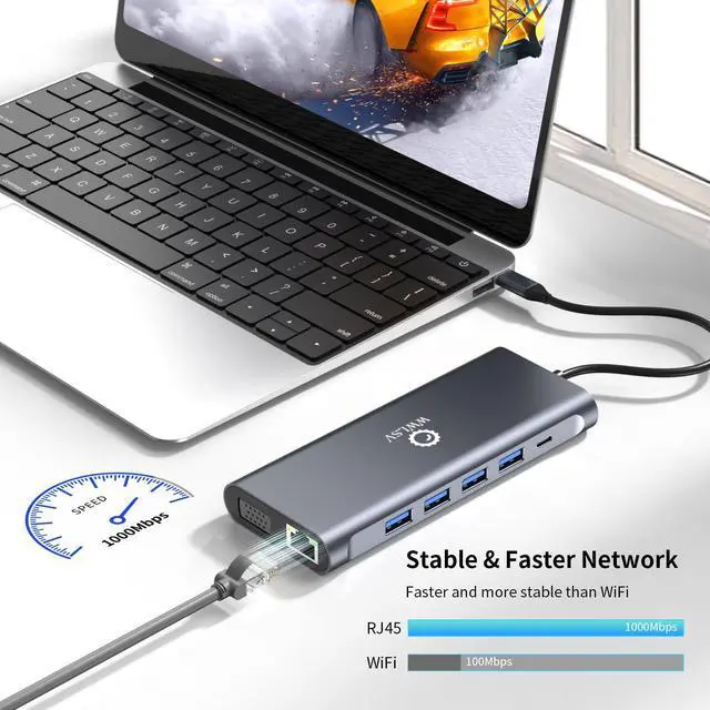Alt view image 7 of 7 - 12-in-1 USB C Hub Laptop Docking Station, Dual Monitor Display HDMI 4K@60Hz (Single Display), VGA 1080p (Shared Bandwidth), 100W PD, Ethernet, USB 3.0, SD, Audio, for MacBook, Dell, HP, Lenovo