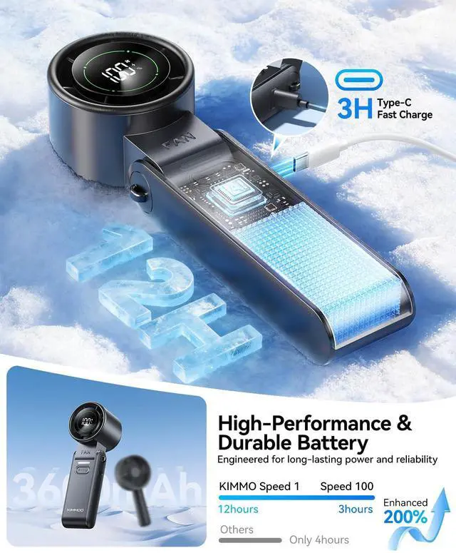 Alt view image 3 of 7 - 3-in-1 Portable Handheld Turbo Fan-100 Speeds,Powerful 20000 RPM, 12Hrs Cooling, LED Display, 120° Rotation, USB Rechargeable Mini Hand Held Personal Fan for Travel Makeup Outdoor Indoor, Black