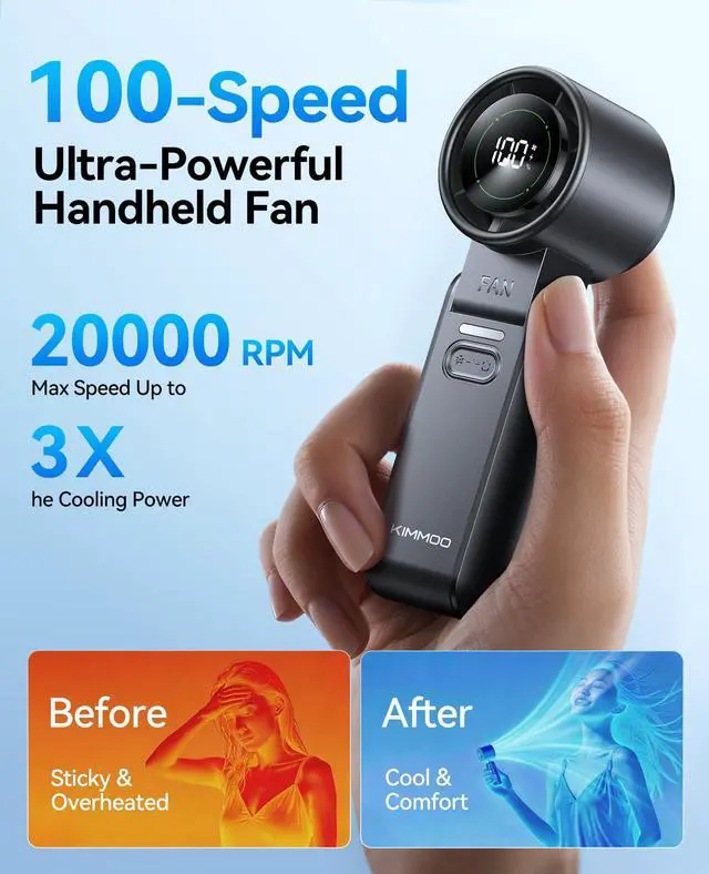Alt view image 5 of 7 - 3-in-1 Portable Handheld Turbo Fan-100 Speeds,Powerful 20000 RPM, 12Hrs Cooling, LED Display, 120° Rotation, USB Rechargeable Mini Hand Held Personal Fan for Travel Makeup Outdoor Indoor, Black
