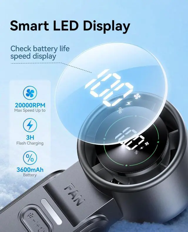 Alt view image 6 of 7 - 3-in-1 Portable Handheld Turbo Fan-100 Speeds,Powerful 20000 RPM, 12Hrs Cooling, LED Display, 120° Rotation, USB Rechargeable Mini Hand Held Personal Fan for Travel Makeup Outdoor Indoor, Black