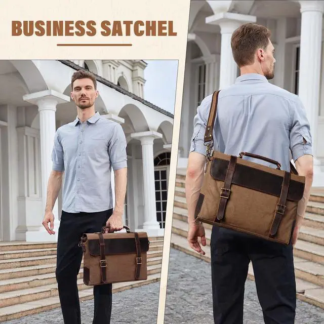 Alt view image 2 of 5 - Vaschy Unisex Classic Leather Shoulder Bag Satchels Briefcase with Detachable Strap Camel