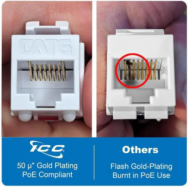 Alt view image 2 of 5 - ICC CAT6 Keystone Jack with Slim Profile 180 Degree Punch Down, RJ45 UL Listed PoE++ TAA Compliant for Wall Plate or Patch Panel, Works with JackEasy Termination Tool, Green 25 Pack