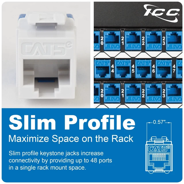 Alt view image 3 of 5 - ICC CAT5e RJ45 Keystone Jack, Slim 180 Degree Punch Down, Ivory, 25-Pack