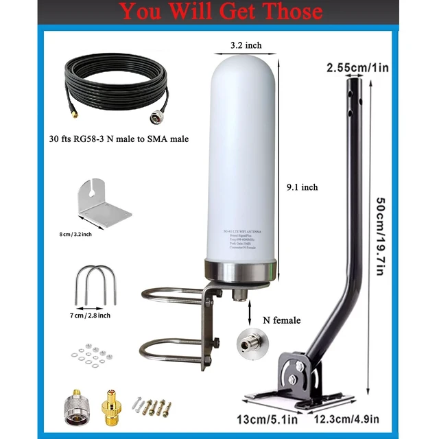 Alt view image 2 of 5 - 5G 4G LTE Antennas Outdoor Omni Directional Cellular 5G WiFi Antenna Long Range SMA N Male ts9 Antenna 4G LTE External Wide Band 698-6000MHz 10dBi with Cable Pole (Full Kit)