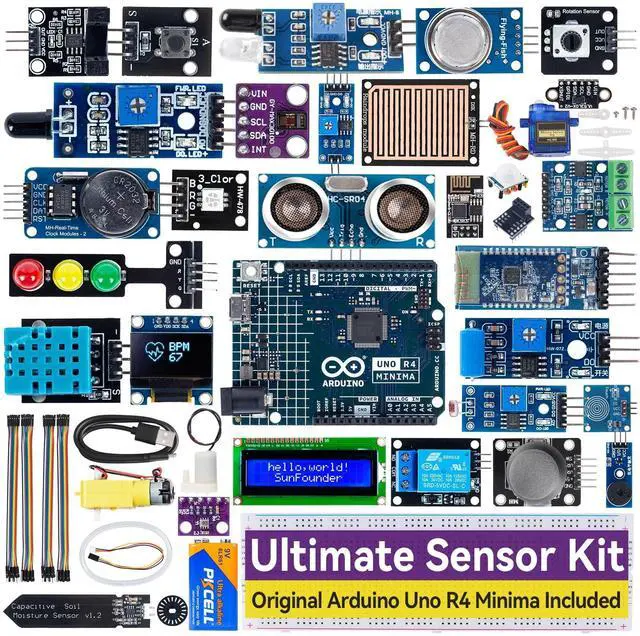 Main image of SunFounder Ultimate Sensor Kit with Original Arduino Uno R4 Minima, RoHS Compliant, Durable Sensors IoT ESP8266 IIC LCD1602 OLED, Online Tutorials & Video Courses for Beginners & Engineers