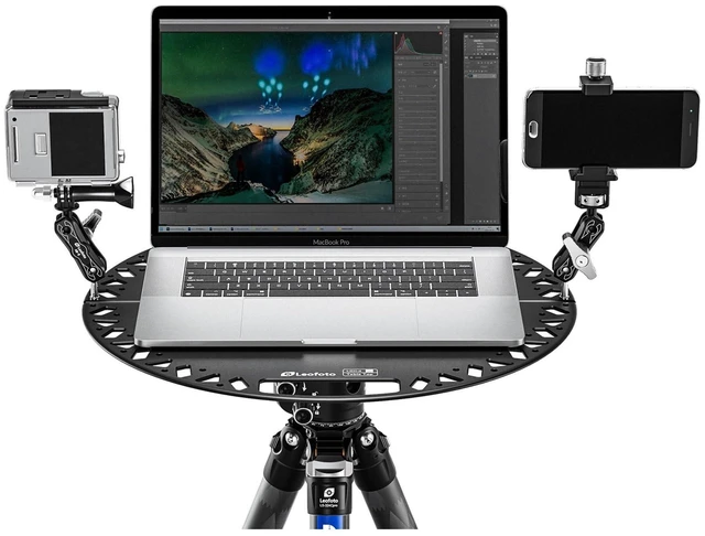 Alt view image 2 of 5 - LEOFOTO Multifunctional Folding Tray, Portable Tripod Mountable Table with Arca Compatible Clamp, 3/8" and 1/4" Mounting Holes, Accessory Cutouts (LCH-4)