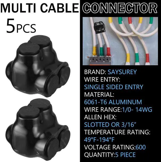 Alt view image 2 of 5 - Saysurey 5 Pcs Insulated Multi Cable Connectors 2 Port Single Entry Splice Electrical Power Connector Black Interconnect Terminals Pre Filled (1/0-14 AWG Wire Range)