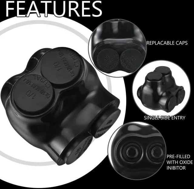 Alt view image 4 of 5 - Saysurey 5 Pcs Insulated Multi Cable Connectors 2 Port Single Entry Splice Electrical Power Connector Black Interconnect Terminals Pre Filled (1/0-14 AWG Wire Range)