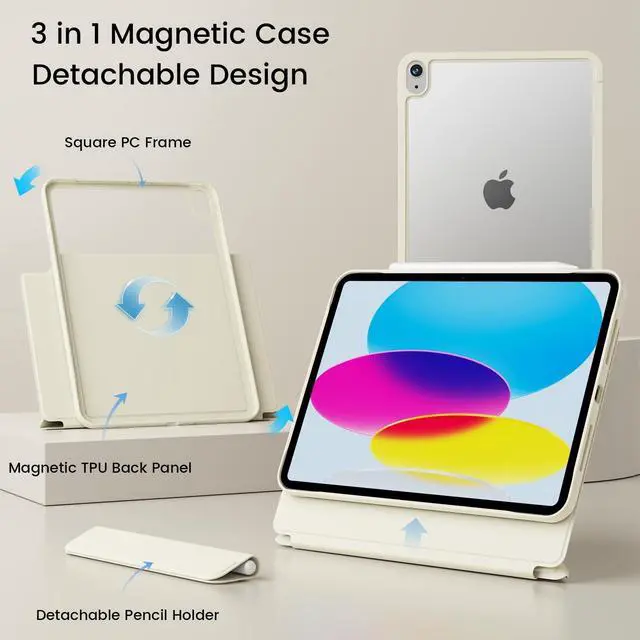 Alt view image 2 of 5 - SQQSOOZ for iPad Air 11 Inch Case M3/M2 (2025/2024), iPad Air 5th/4th Gen Case 10.9 Inch (2022/2020) w/Pencil Holder, Portrait/Landscape 4+ Angles Magnetic Cover for iPad Air 11'' 10.9'', Cream White