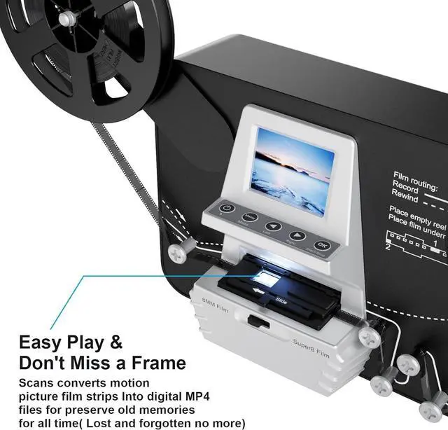 Alt view image 2 of 5 - 8mm & Super 8 Film to Digital Converter, Film Scanner Digitizer with 2.4" Screen, Convert 3 5 7 9 Reels into 1080P Digital MP4 Files,Sharing & Saving on 32GB SD Card
