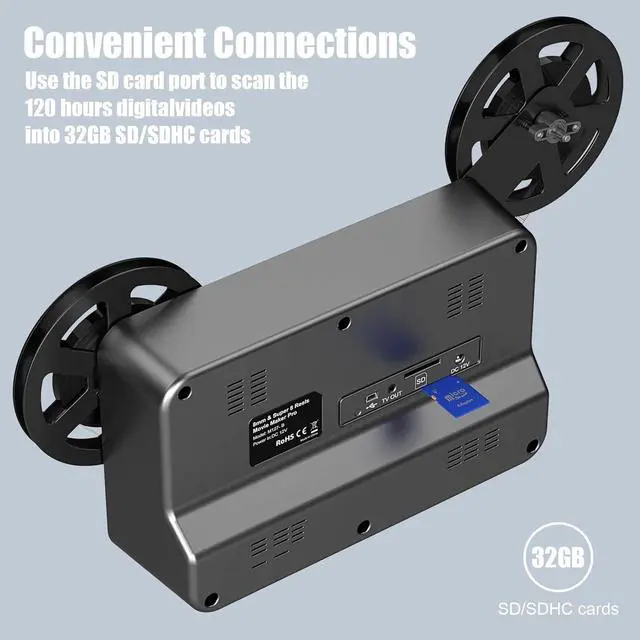 Alt view image 3 of 5 - 8mm & Super 8 Film to Digital Converter, Film Scanner Digitizer with 2.4" Screen, Convert 3 5 7 9 Reels into 1080P Digital MP4 Files,Sharing & Saving on 32GB SD Card