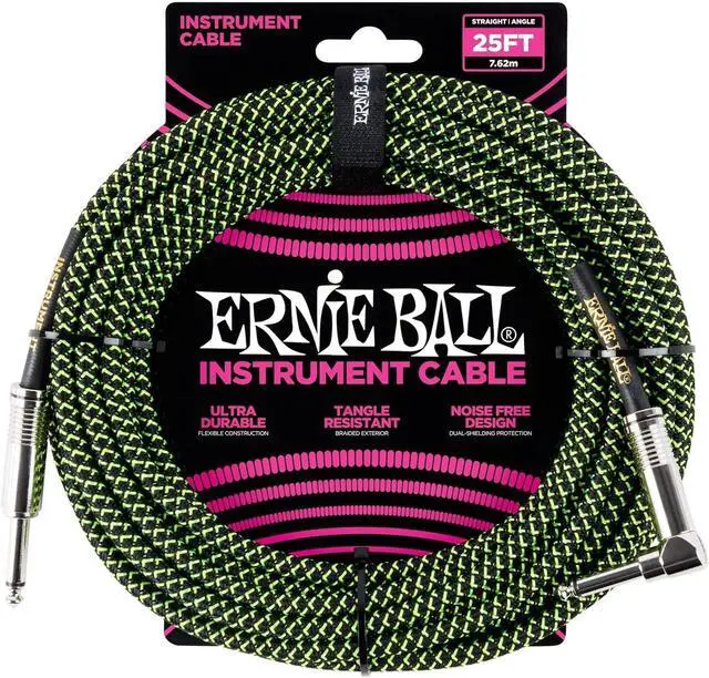 Alt view image 2 of 3 - Ernie Ball Braided Instrument Cable Set Straight/Angle Length 25ft in Neon Green/Black (P06066) - Pack of 2