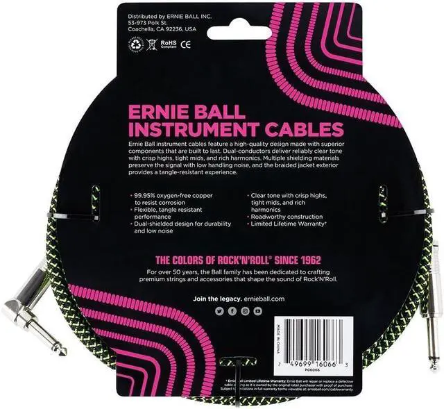 Alt view image 3 of 3 - Ernie Ball Braided Instrument Cable Set Straight/Angle Length 25ft in Neon Green/Black (P06066) - Pack of 2