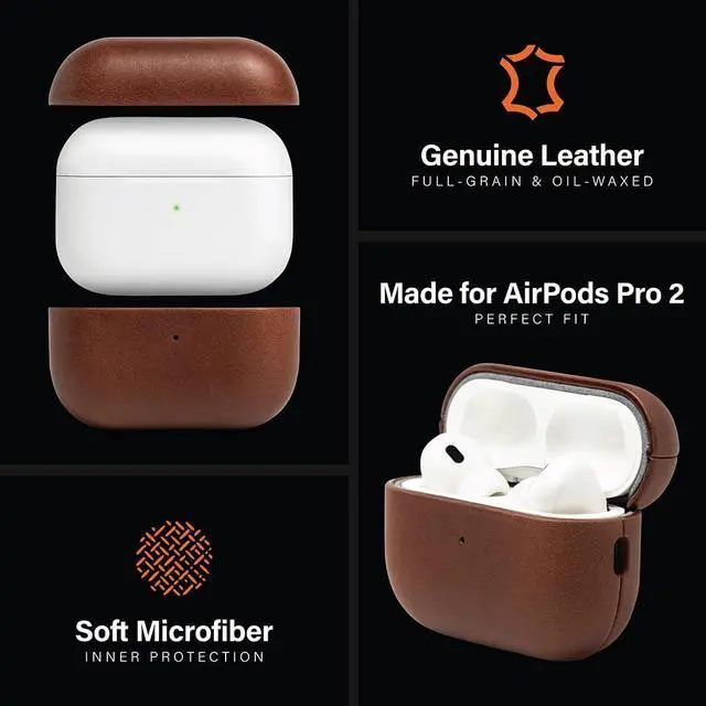 Alt view image 4 of 5 - KORDIZ for AirPods Pro 2nd Generation Leather Case Cover Genuine Full-Grain Oil-Waxed Cowhide Leather Case for Airpods Pro 2 Rugged Vintage Patina Front LED Visible (Dark Brown)