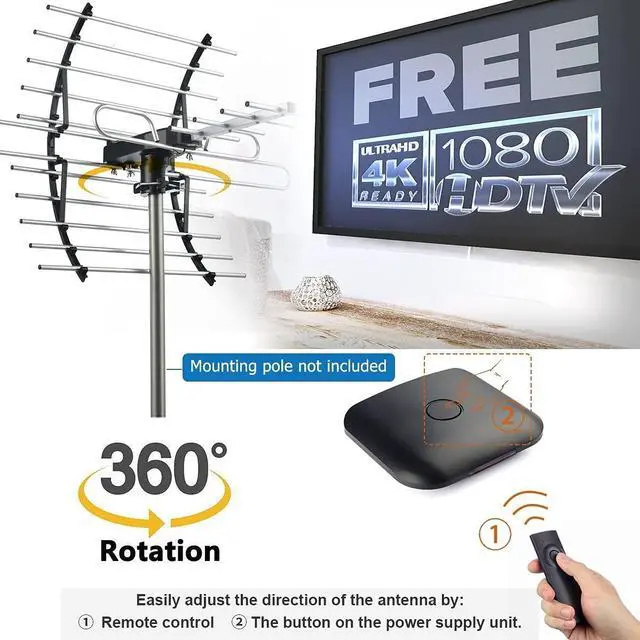 Alt view image 2 of 5 - CeKay Digital HD TV Antenna, Outdoor/Attic Antenna, 360 Degree Rotation Wireless Remote, 200 Miles Range, 4K 1080P VHF UHF