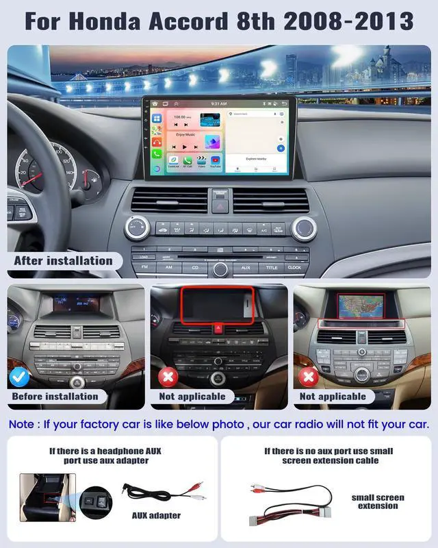 Alt view image 2 of 5 - SIXWIN Android 13 Car Stereo for Honda Accord 2008 2009 2010 2011 2012 2013 10.1 Inch Touch Screen 2G+64G CarPlay Android Auto Car Radio Bluetooth GPS Navigation HiFi WiFi FM SWC Backup Camera MIC
