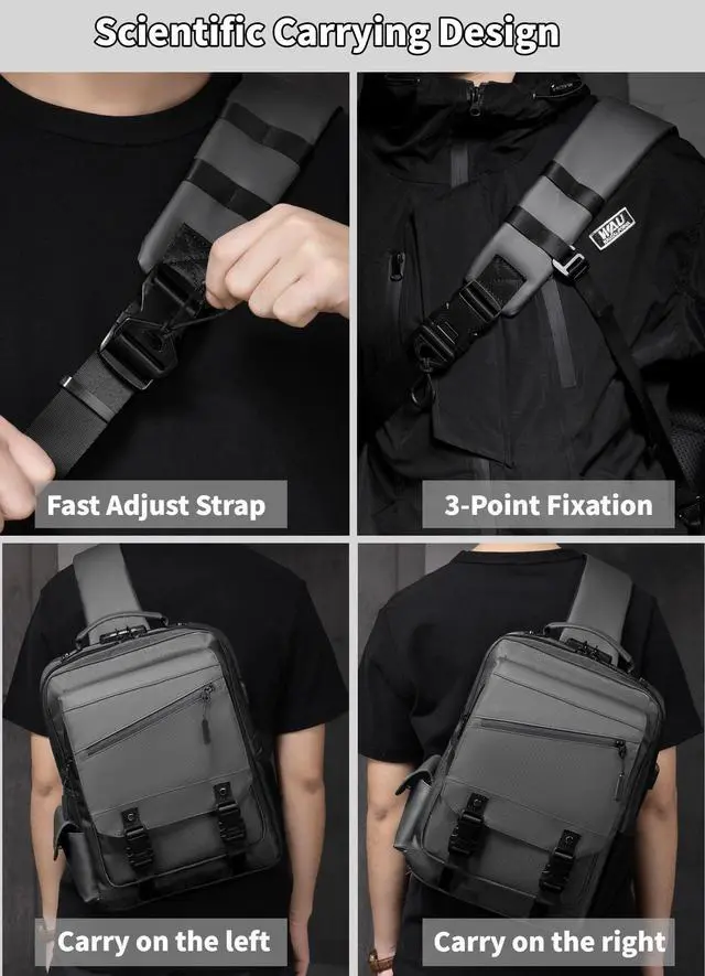 Alt view image 5 of 5 - BASICPOWER Messenger Bag for Men Water-resistant Sling Backpack Anti-theft Unisex Crossbody Bag Fit 14 Inch Laptop with USB Port for Daily Use