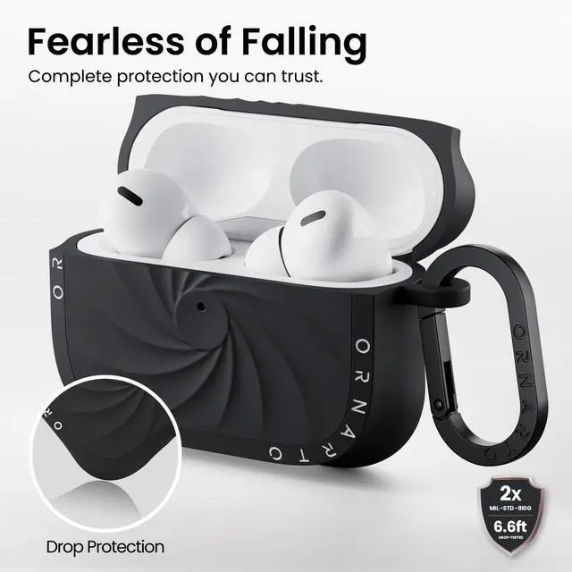 Alt view image 3 of 5 - ORNARTO Vortuxe for AirPods Pro 3 Case - 2X MIL-STD Drop Protection, Liquid Silicone Shockproof Cover with Carabiner, Sleek Aesthetic Case for AirPods Pro 3rd Generation-Black
