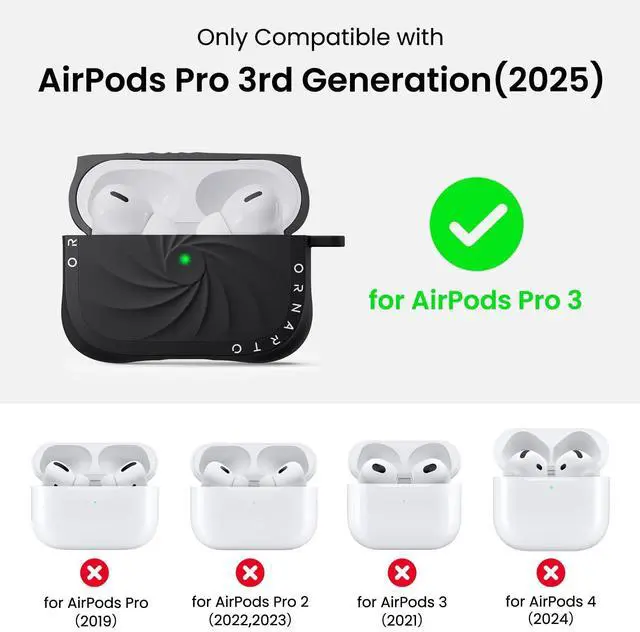 Alt view image 2 of 5 - ORNARTO Vortuxe for AirPods Pro 3 Case - 2X MIL-STD Drop Protection, Liquid Silicone Shockproof Cover with Carabiner, Sleek Aesthetic Case for AirPods Pro 3rd Generation-Black