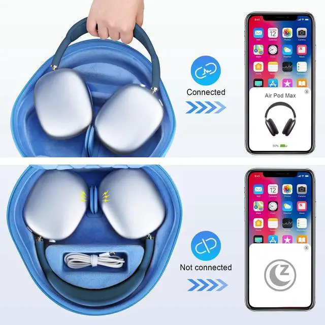 Alt view image 2 of 5 - BOVKE Hard Carrying Case with Sleep Mode for Apple AirPods Max 2 Wireless Over-Ear Headphones, AirPods Max Protective Portable Storage Bag with Mesh Pocket for Headphone Accessories, Blue