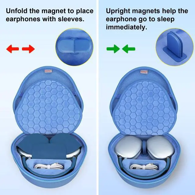 Alt view image 3 of 5 - BOVKE Hard Carrying Case with Sleep Mode for Apple AirPods Max 2 Wireless Over-Ear Headphones, AirPods Max Protective Portable Storage Bag with Mesh Pocket for Headphone Accessories, Blue