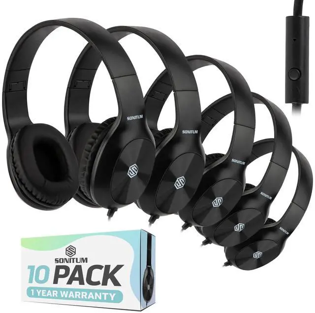 Main image of Classroom Headphones-Bulk 25-Pack, with Microphone Student On Ear Comfy Swivel Earphones for Library, School, Airplane, Kids-for Online Learning and Travel, HQ Stereo Sound 3.5mm Jack (Black)