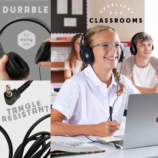 Alt view image 2 of 5 - Classroom Headphones-Bulk 25-Pack, with Microphone Student On Ear Comfy Swivel Earphones for Library, School, Airplane, Kids-for Online Learning and Travel, HQ Stereo Sound 3.5mm Jack (Black)