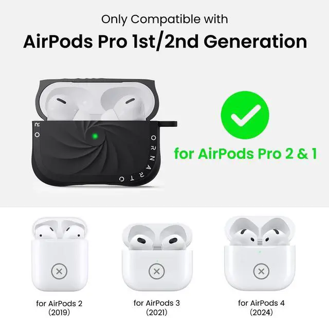 Alt view image 2 of 5 - ORNARTO Vortuxe for AirPods Pro 2 Case - 2X MIL-STD Drop Protection, Liquid Silicone Shockproof Cover with Carabiner, Sleek Aesthetic Case for AirPods Pro 2nd / 1st Generation-Blac